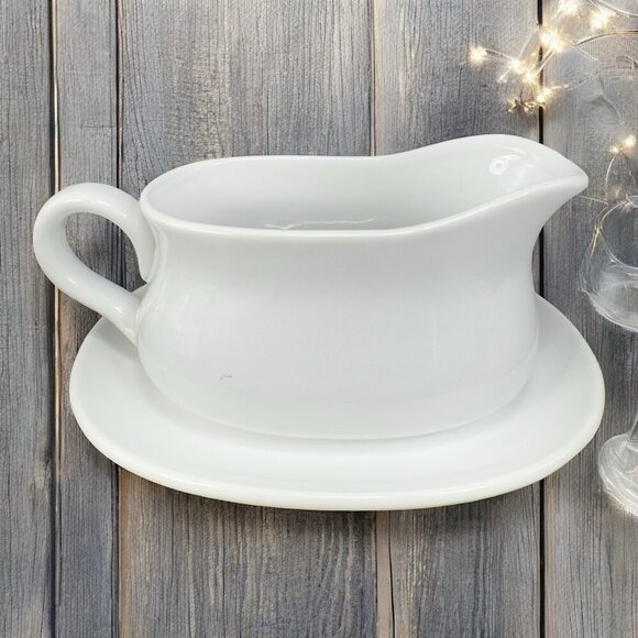 LE TAUCI Gravy Boat with Under Plate Ceramic Sauce Creamer Dish Salsa Dish VTG - Picture 1 of 15
